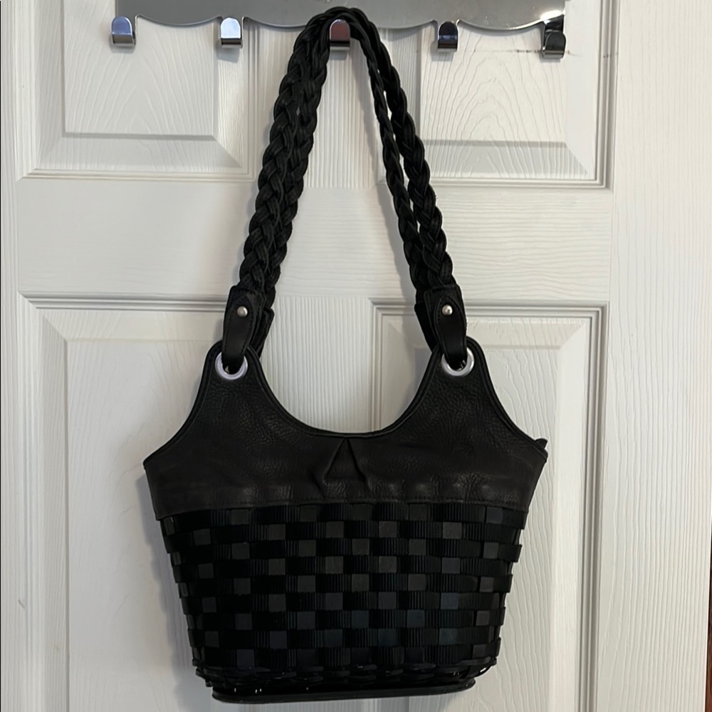 Longaberger Black Leather, Nylon & Wood Basket Weave Purse w/ Silver Tone Trim